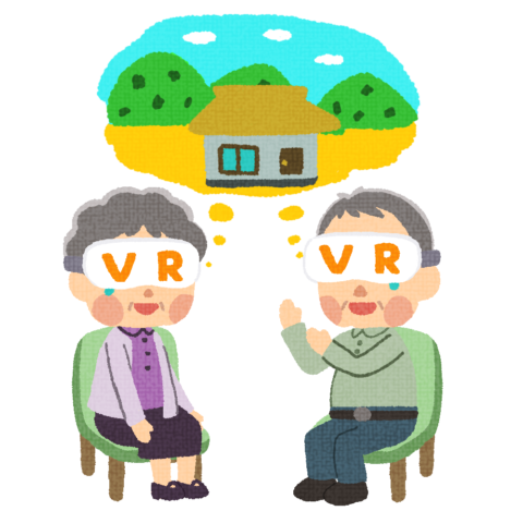 VRでバーチャル里帰りをして故郷を懐かしむ老夫婦のイラスト