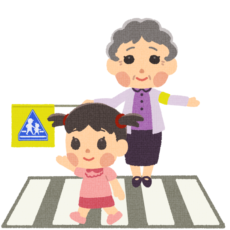 手を挙げて横断歩道を渡る女の子 | イラストワールド 〜無料で使えるフリーイラスト素材〜