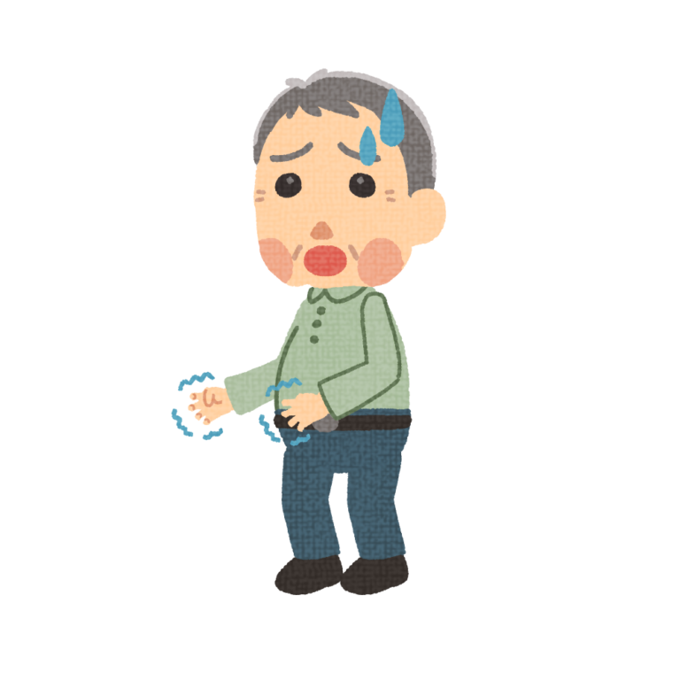 手の指で丸薬を丸めるように震えるおじいさん『ピル・ローリング』（パーキンソン病） イラストワールド 〜無料で使えるフリーイラスト素材〜